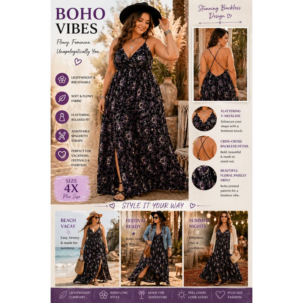 Boho Maxi Dress 4X Black Purple Floral Backless Strappy Plus Size Flowy